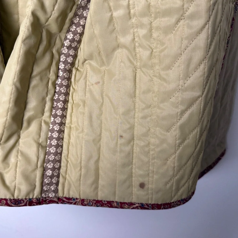 Vintage Quilted Jacket Womens Large Tan Red Duck Paisley Patchwork Handmade Boho